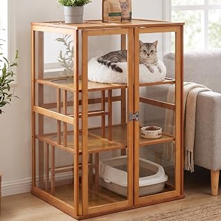 Bamboo Cat Cage, 3-Level Indoor Cat Enclosure with Clear Panels