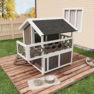 GarveeTech 2-Story Outdoor Cat House with Balcony, Insulated and Weatherproof Wooden Shelter with Asphalt Roof