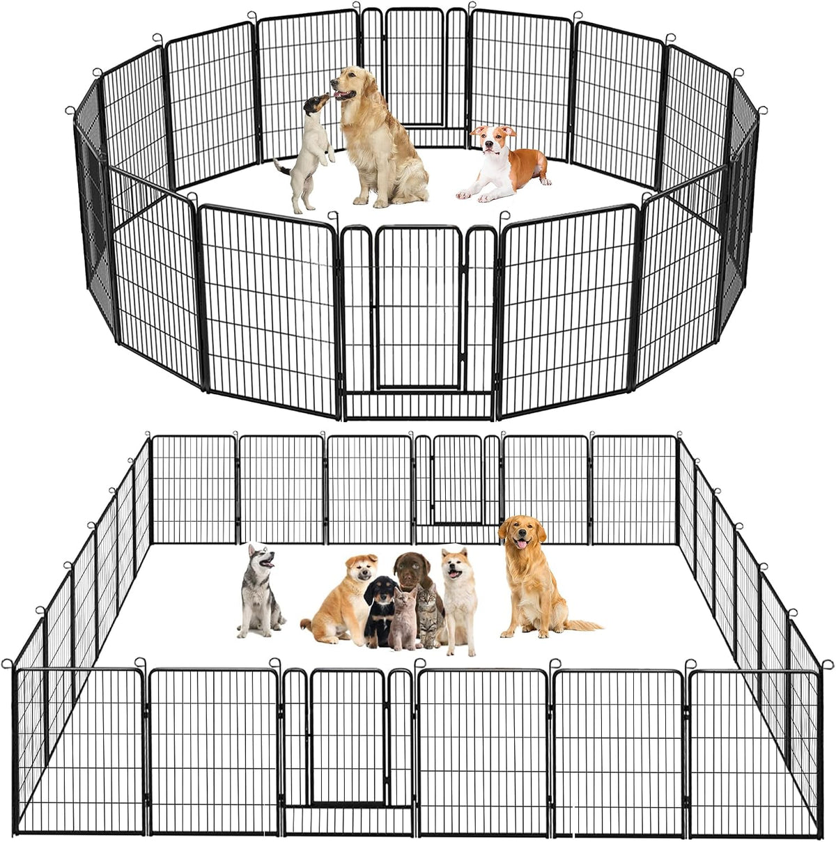 Black 40 inch metal dog playpen with fourteen panels set up in a yard – view 10