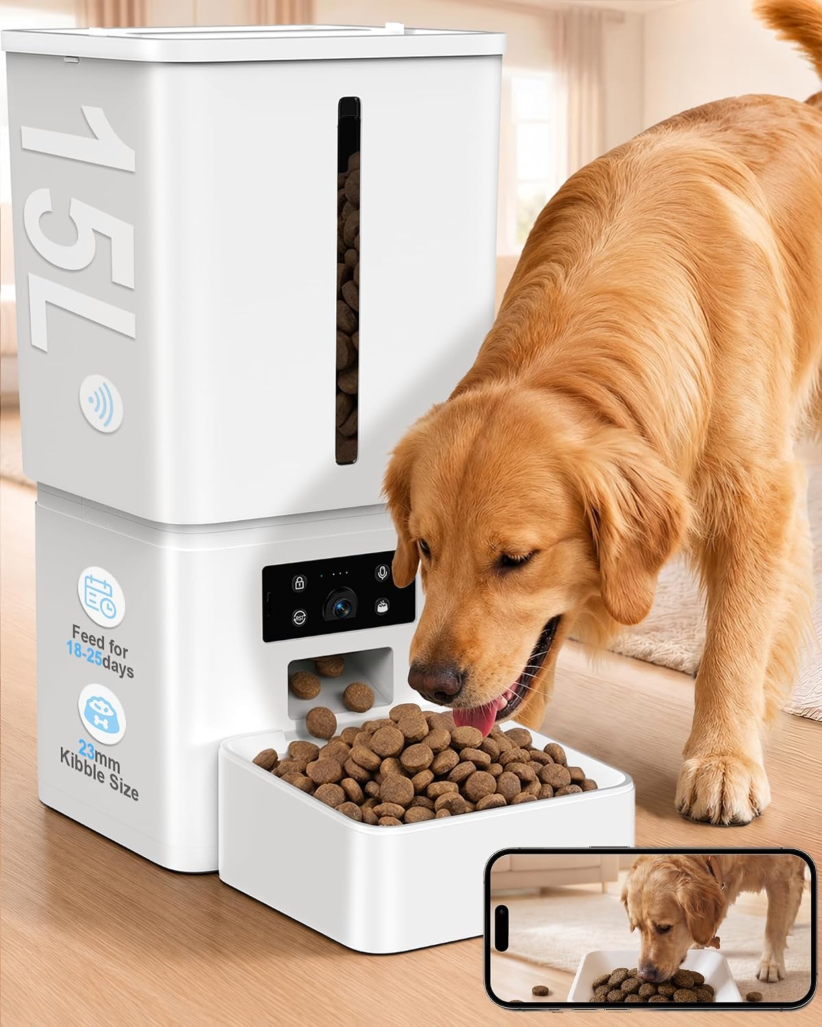Large 15 liter automatic dog feeder with built-in HD camera