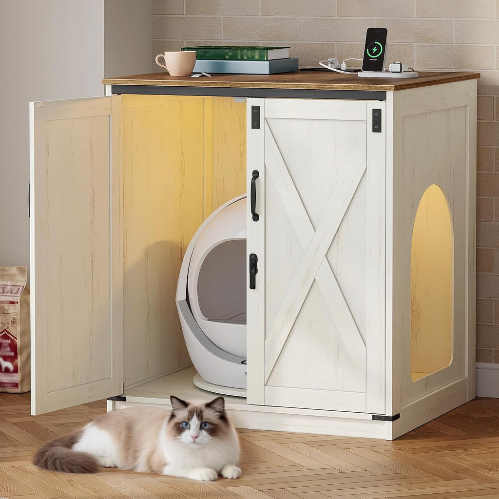 Rustic white farmhouse litter box cabinet with open door and rotating stand inside – view 2