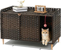 Natural handwoven rattan litter box enclosure on solid wood legs – view 3