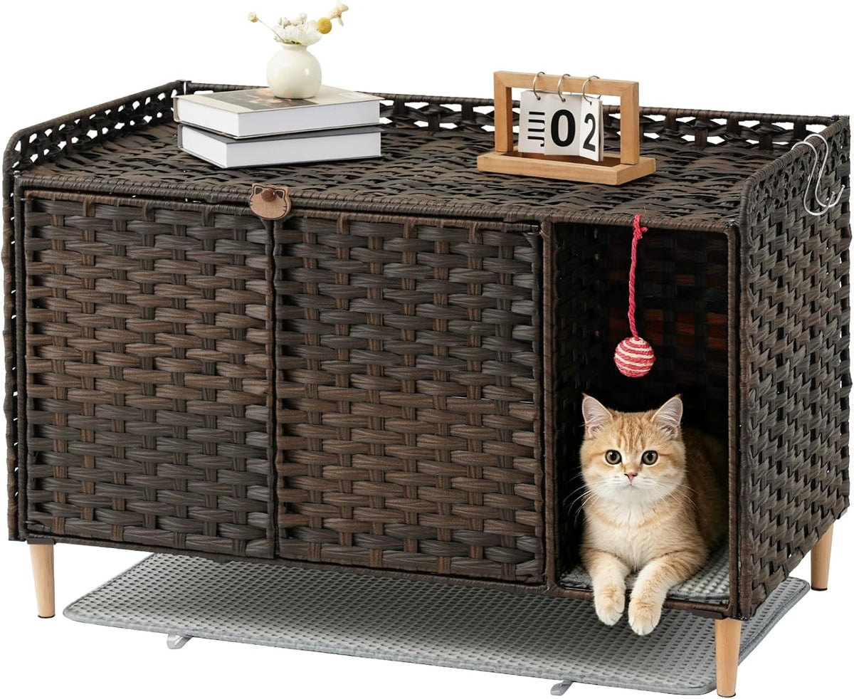 Natural handwoven rattan litter box enclosure on solid wood legs – view 3