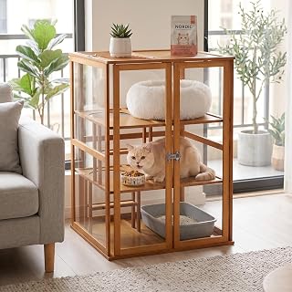 Indoor Multi-Level Cat Cage with Clear Panels and Litter Box Space