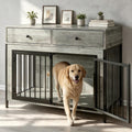Grey wooden dog crate end table with two storage drawers