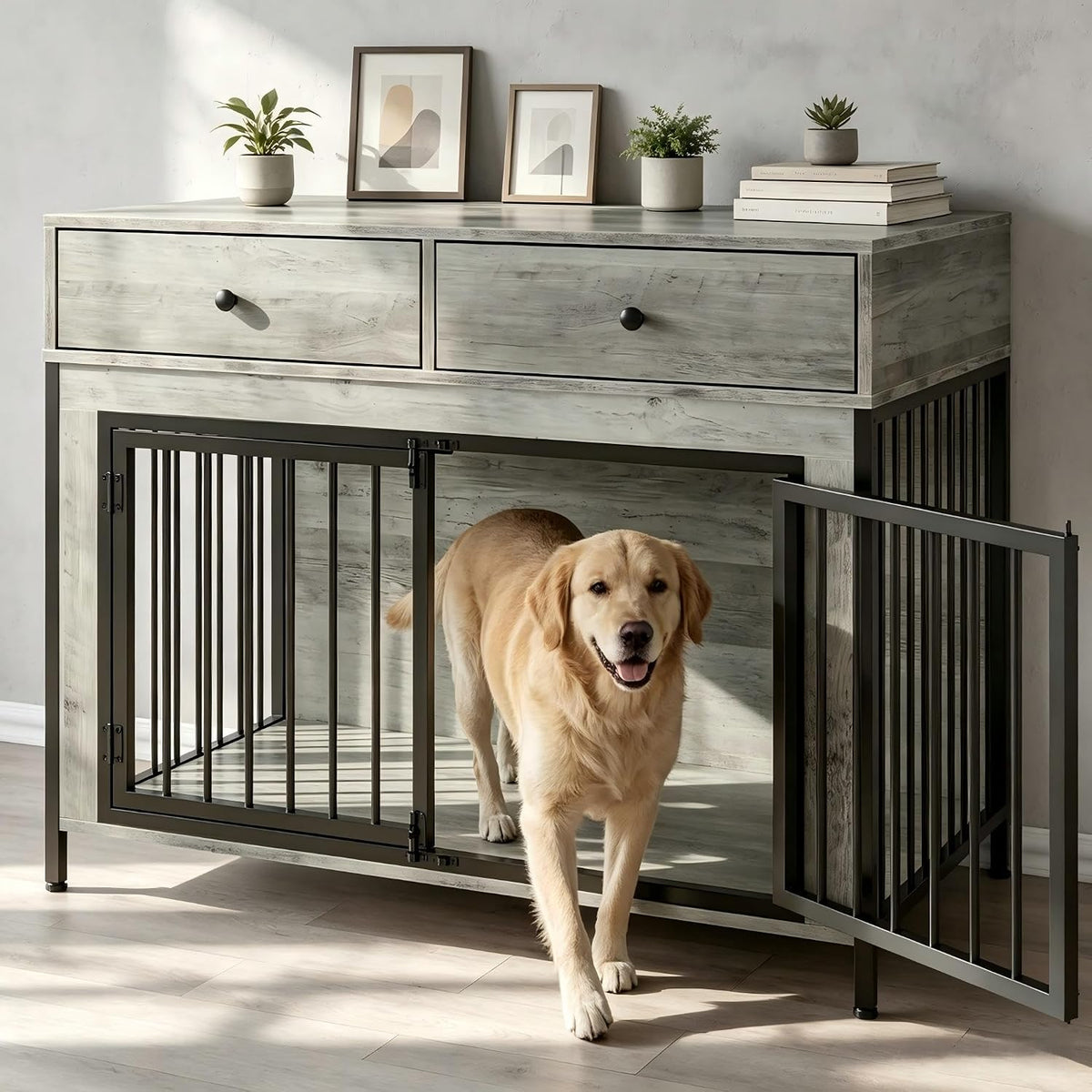 Grey wooden dog crate end table with two storage drawers