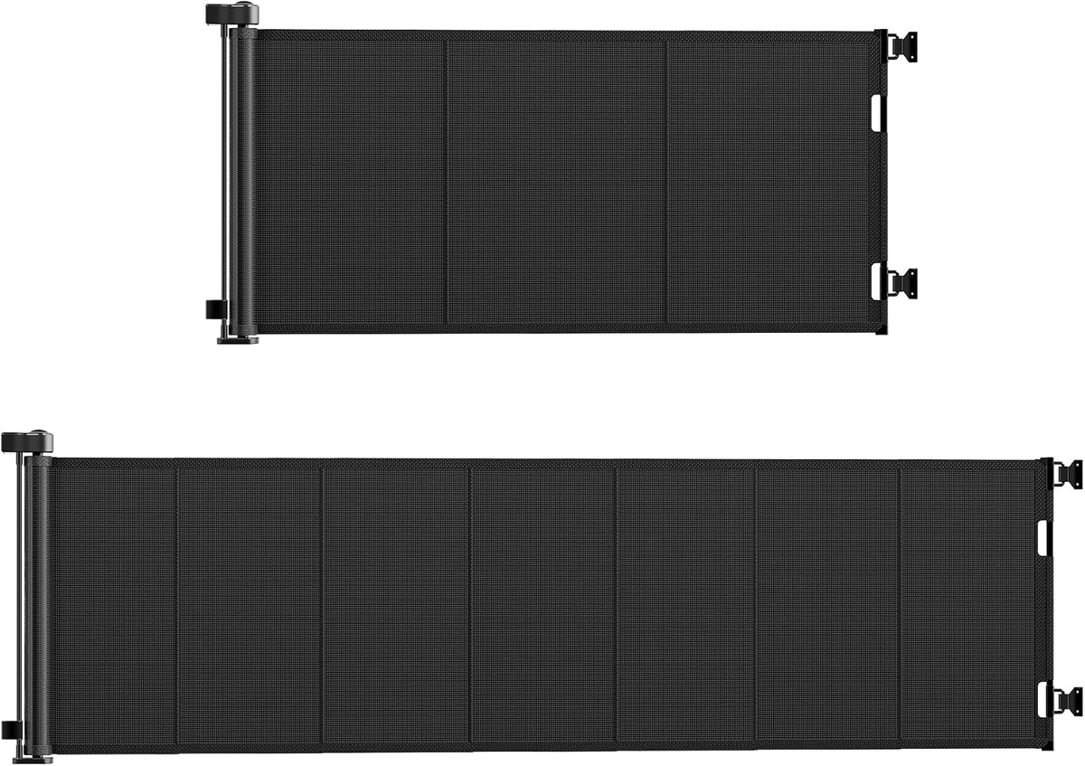 Two retractable mesh pet gates, 71 and 120 inches wide, in a home