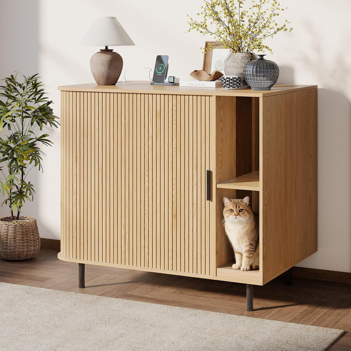 Natural wood large litter box enclosure with sliding door
