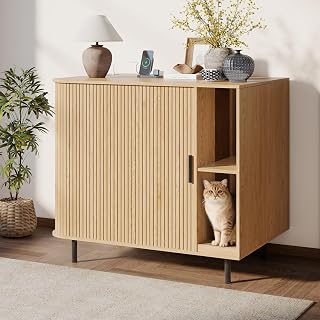 Large Cat Litter Box Enclosure with Scratch Pad for Automatic Self-Cleaning Litter Boxes, Sliding Door, Adjustable Shelf and