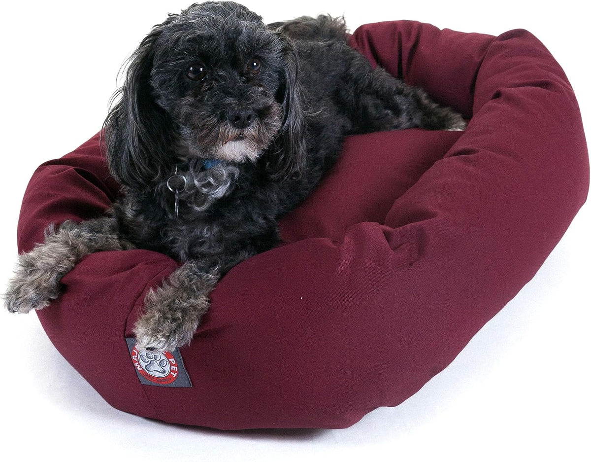 Burgundy small round donut dog bed with bolster