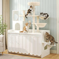 White all-in-one cat tree with hidden litter box cabinet and storage