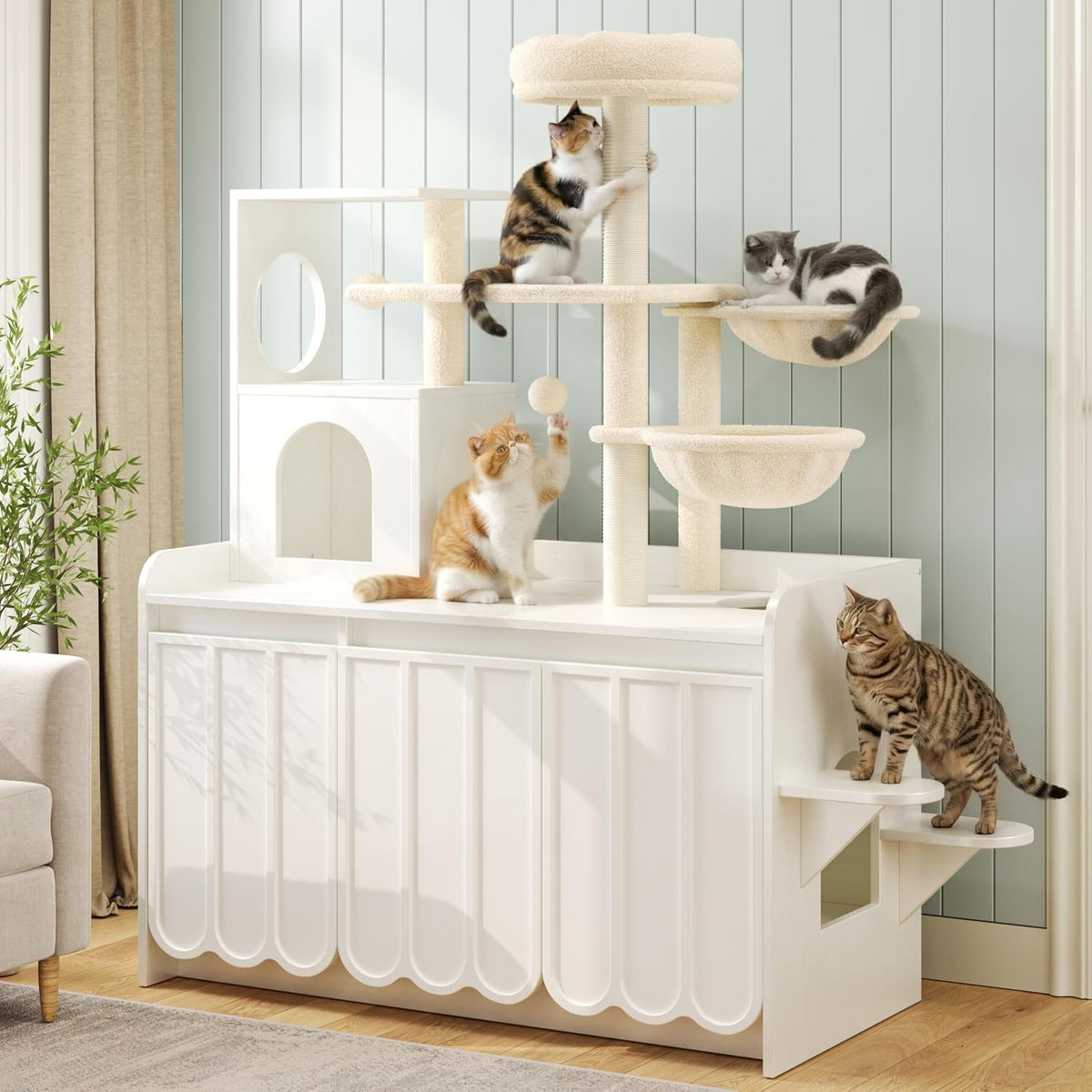 White all-in-one cat tree with hidden litter box cabinet and storage