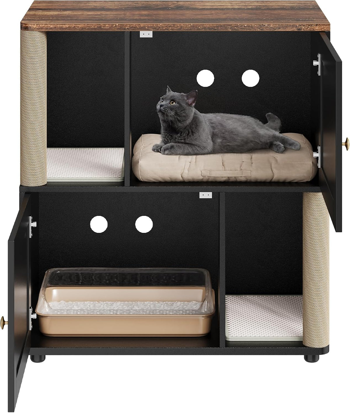 Two-tier wooden litter box furniture cabinet with scratching post – view 2