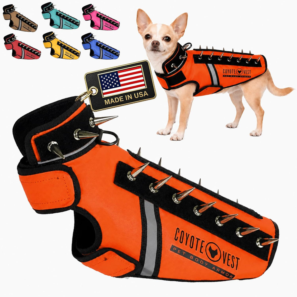 Neon pink spiked protective vest harness on a small dog – view 26