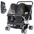 Green side-by-side double pet stroller with mesh windows and two storage baskets – view 5