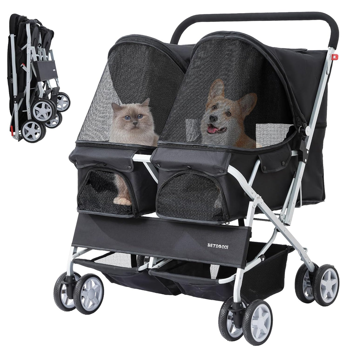 Green side-by-side double pet stroller with mesh windows and two storage baskets – view 5