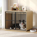 Natural oak 32 inch dog crate end table with metal bars and rounded corners