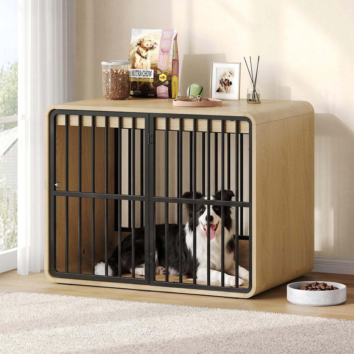 Natural oak 32 inch dog crate end table with metal bars and rounded corners