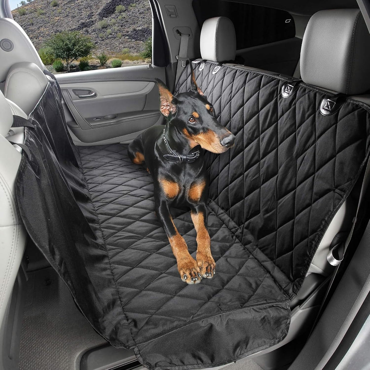 Grey waterproof rear seat dog hammock with clips – view 2