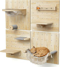 Wall-mounted modular wooden cat shelves with hammock and acrylic bowl