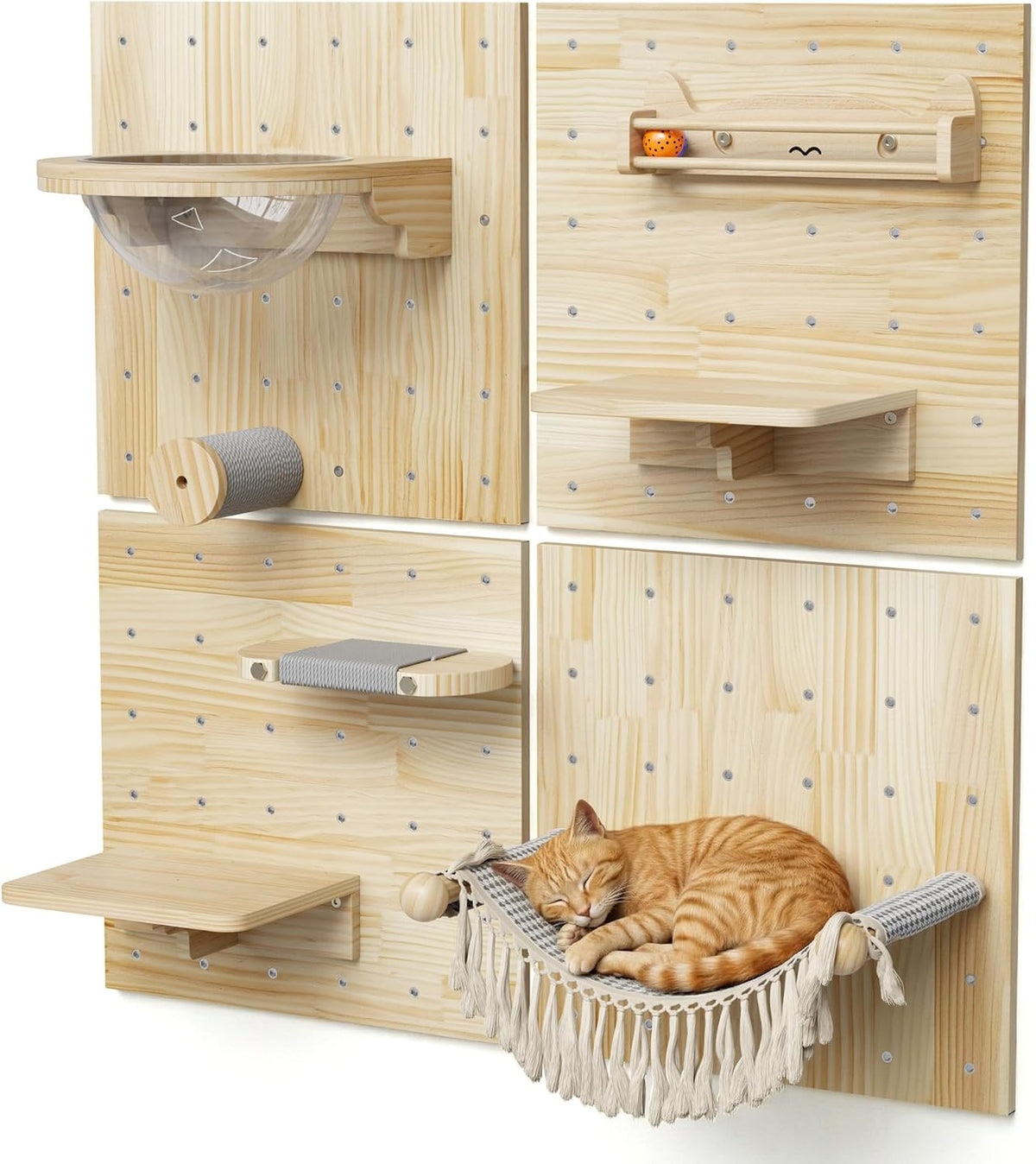 Wall-mounted modular wooden cat shelves with hammock and acrylic bowl