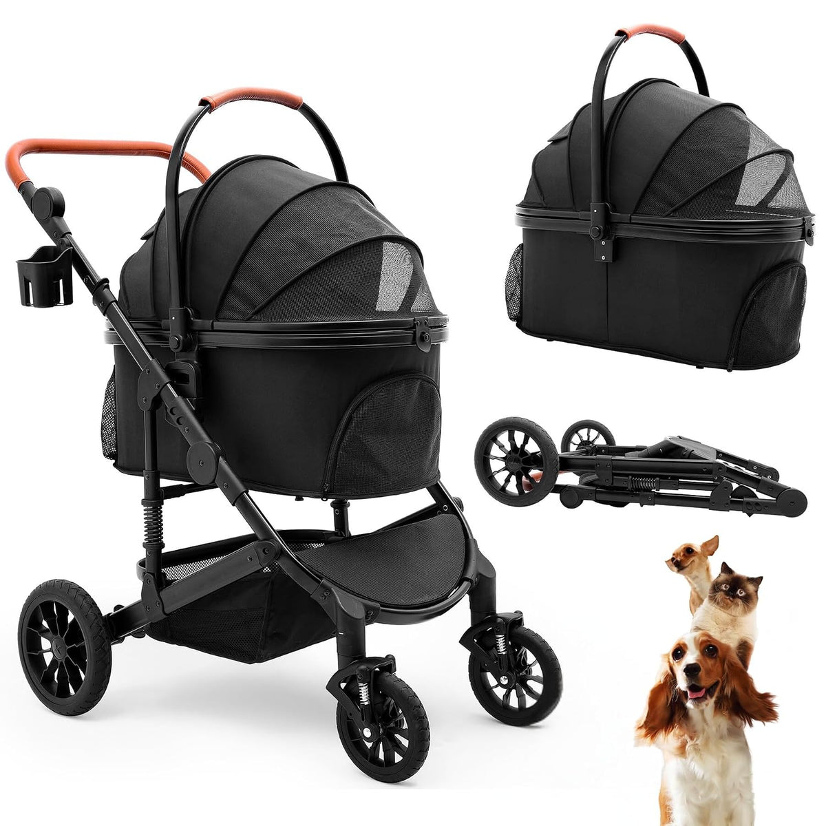Black 3-in-1 pet stroller with detachable car seat carrier