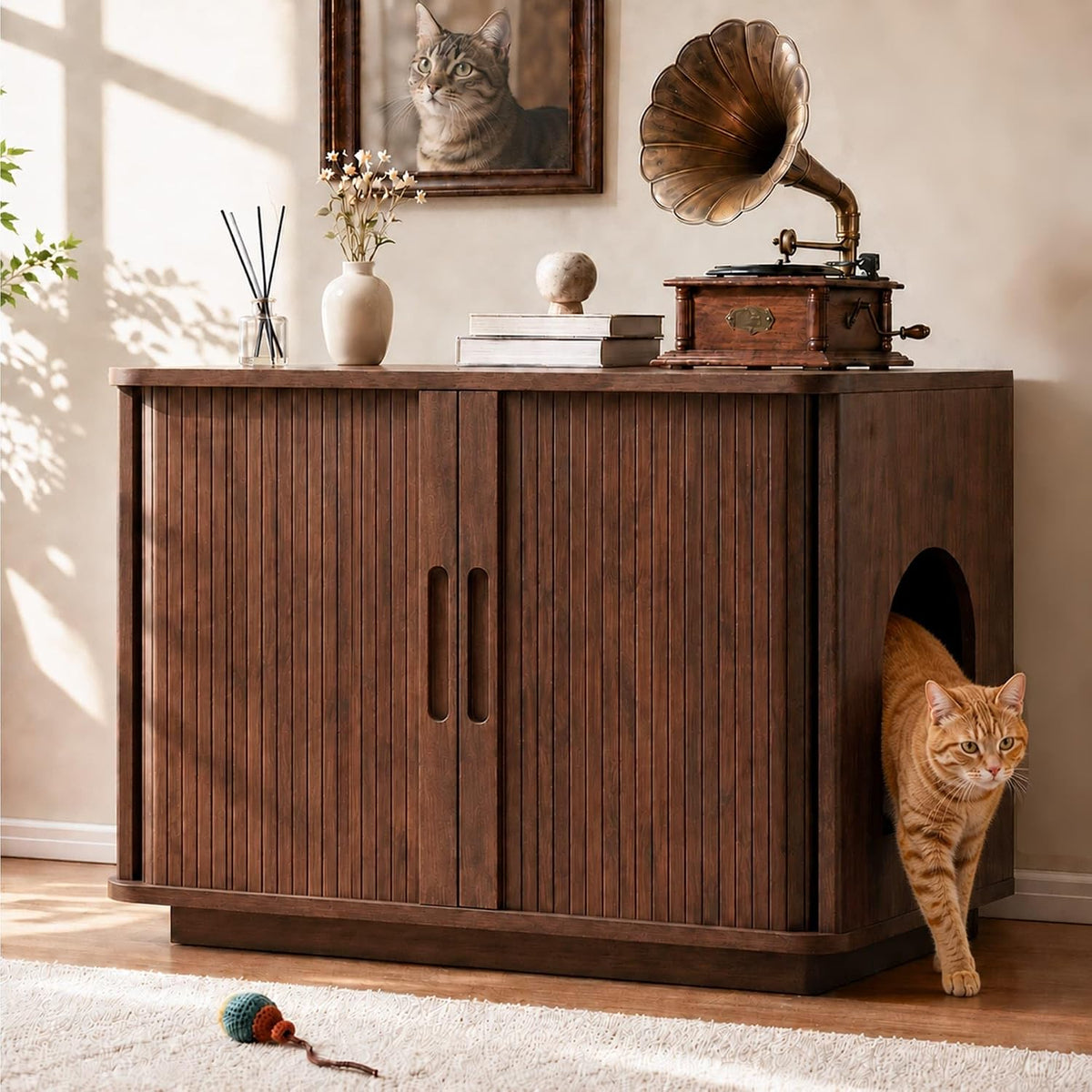 Walnut fluted litter box enclosure cabinet with sliding tambour door