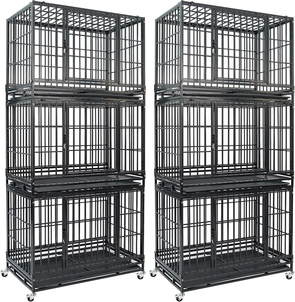 Two stacked 36 inch heavy duty metal dog crates on lockable wheels – view 5