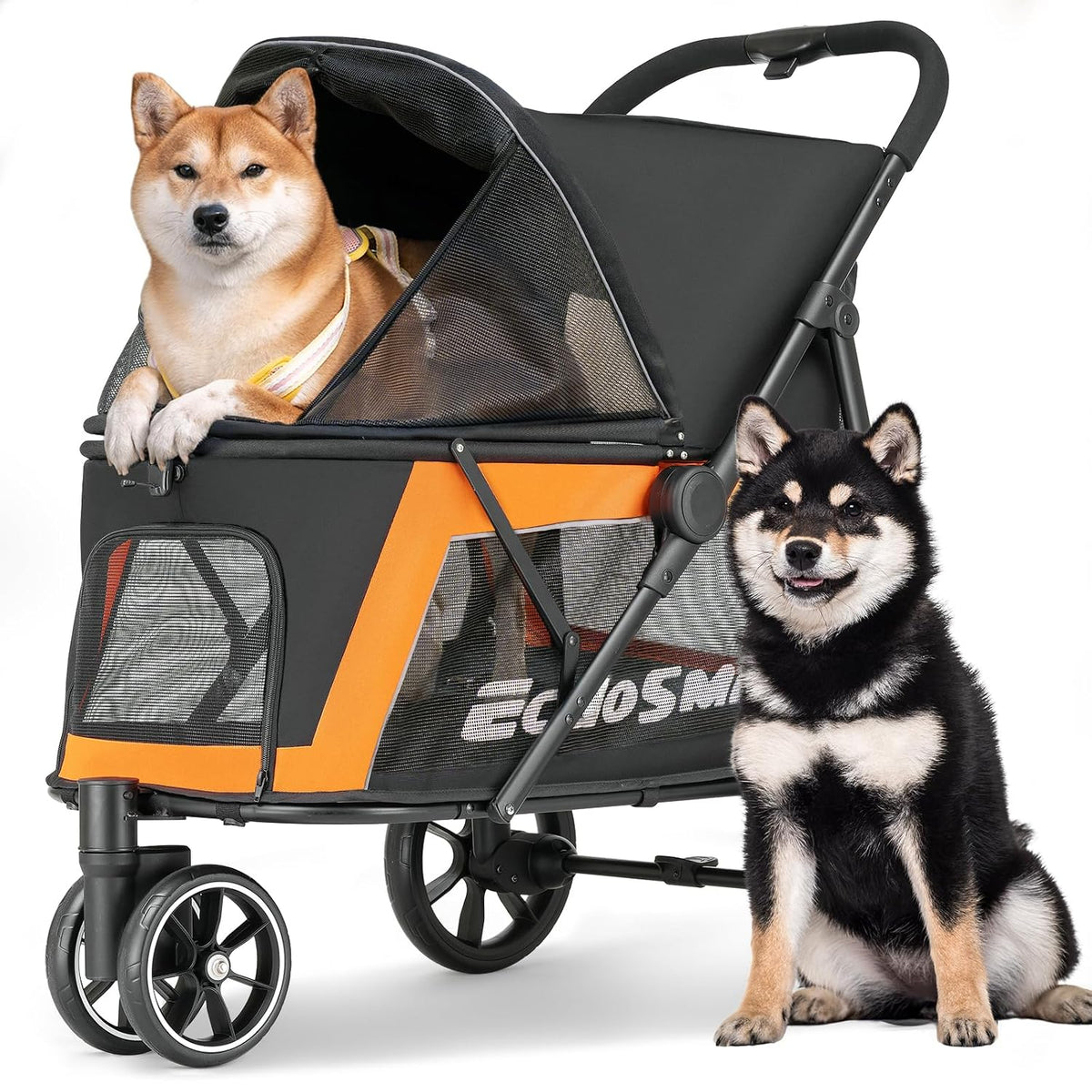 Gray foldable three-wheel pet stroller with breathable mesh carriage – view 2