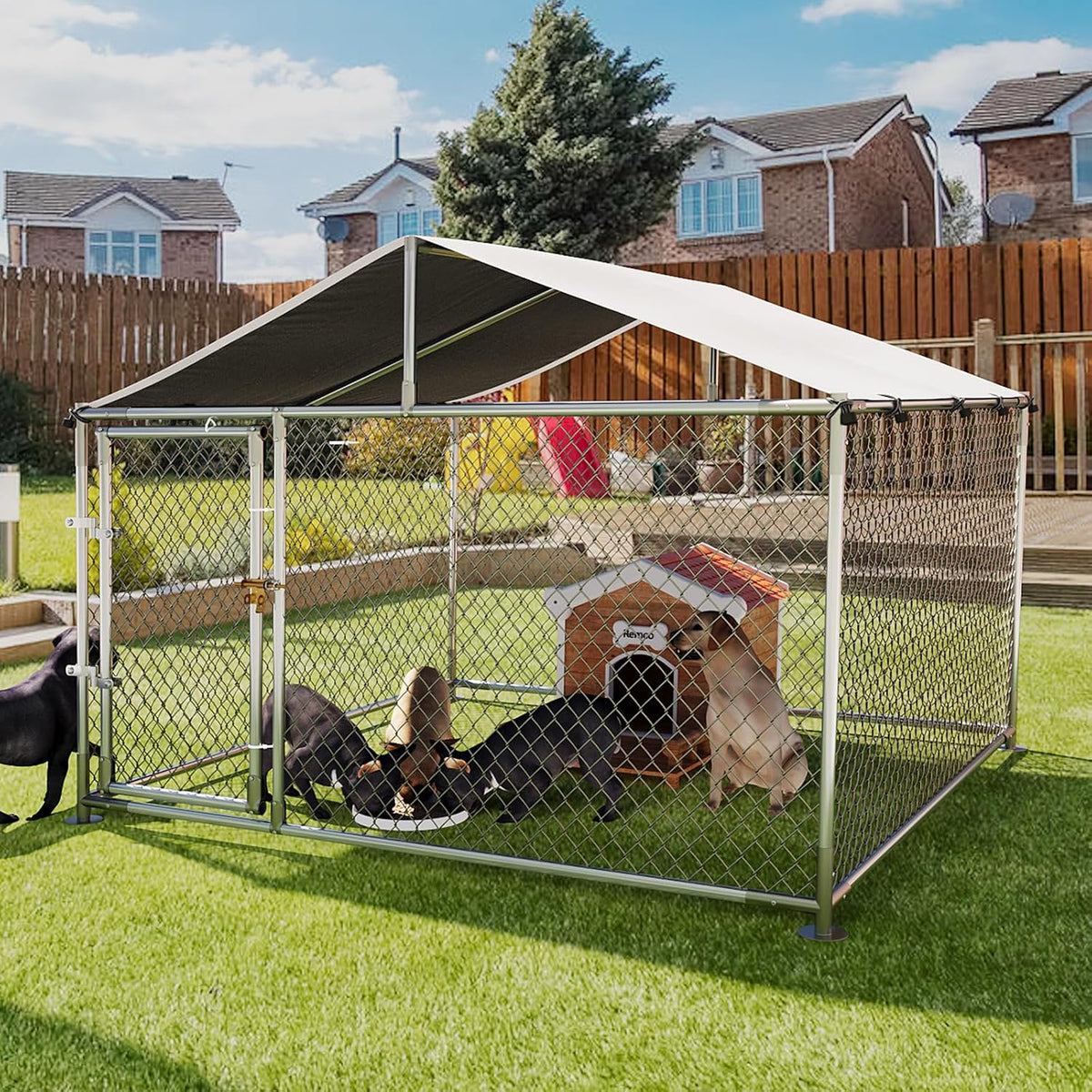 Large galvanized steel outdoor dog kennel with fabric roof cover