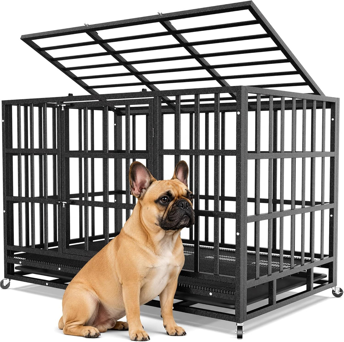 Heavy duty steel dog crate on lockable wheels with tray – view 7