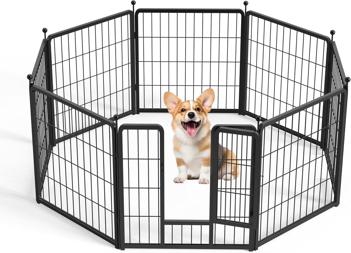 White heavy duty metal dog playpen with eight 32 in panels set up in a yard – view 7