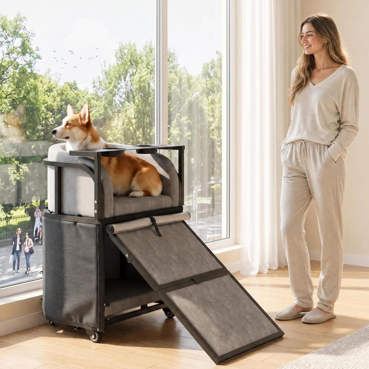Velvet dog window perch sofa with stairs, curtain and locking wheels by a window
