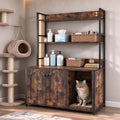 Brown entryway storage bench with hidden litter box and shelves