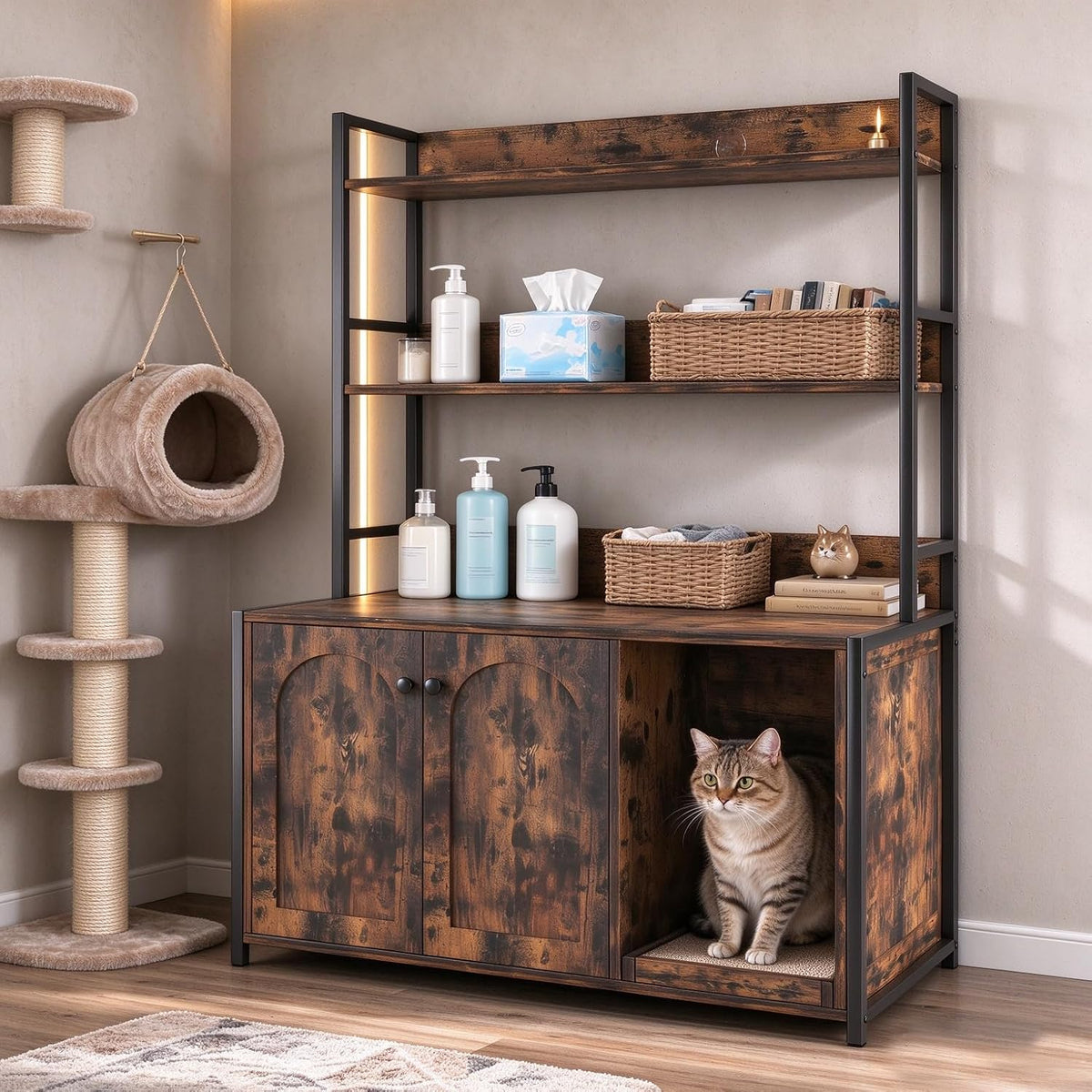 Brown entryway storage bench with hidden litter box and shelves