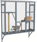 Gray three-tier window catio box with jumping platforms and scratching post