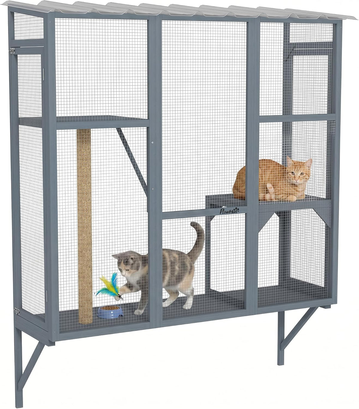 Gray three-tier window catio box with jumping platforms and scratching post