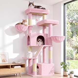 69-Inch Heavy-Duty Cat Tree with Large Platform, 5 Scratching Posts, Sisal Board and Hammock, S69, Pink