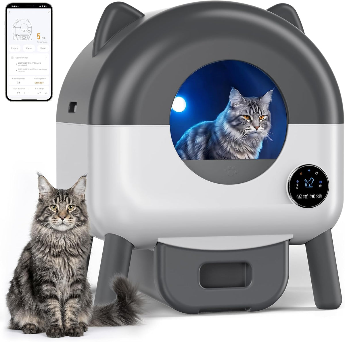 Dark grey 76 liter self-cleaning litter box with waste drawer