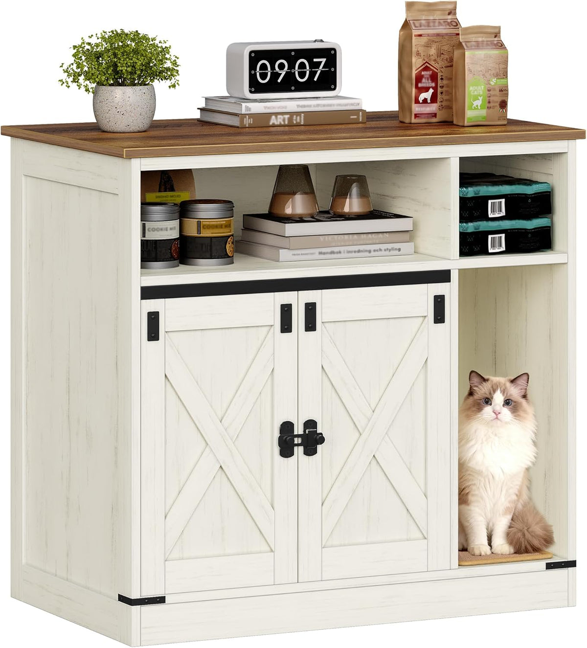 Farmhouse wooden cat litter box cabinet in rustic brown and white with storage