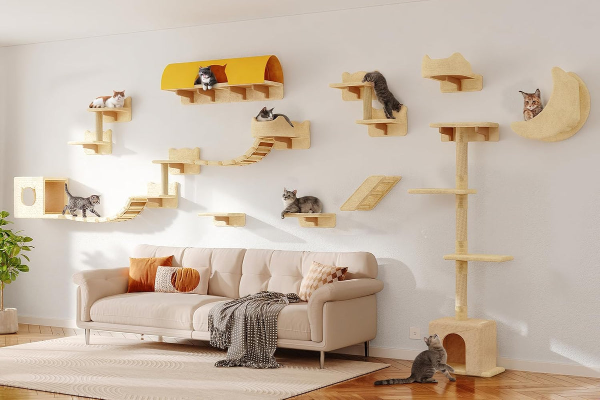 Beige wall-mounted cat shelves set with tunnel and moon perch