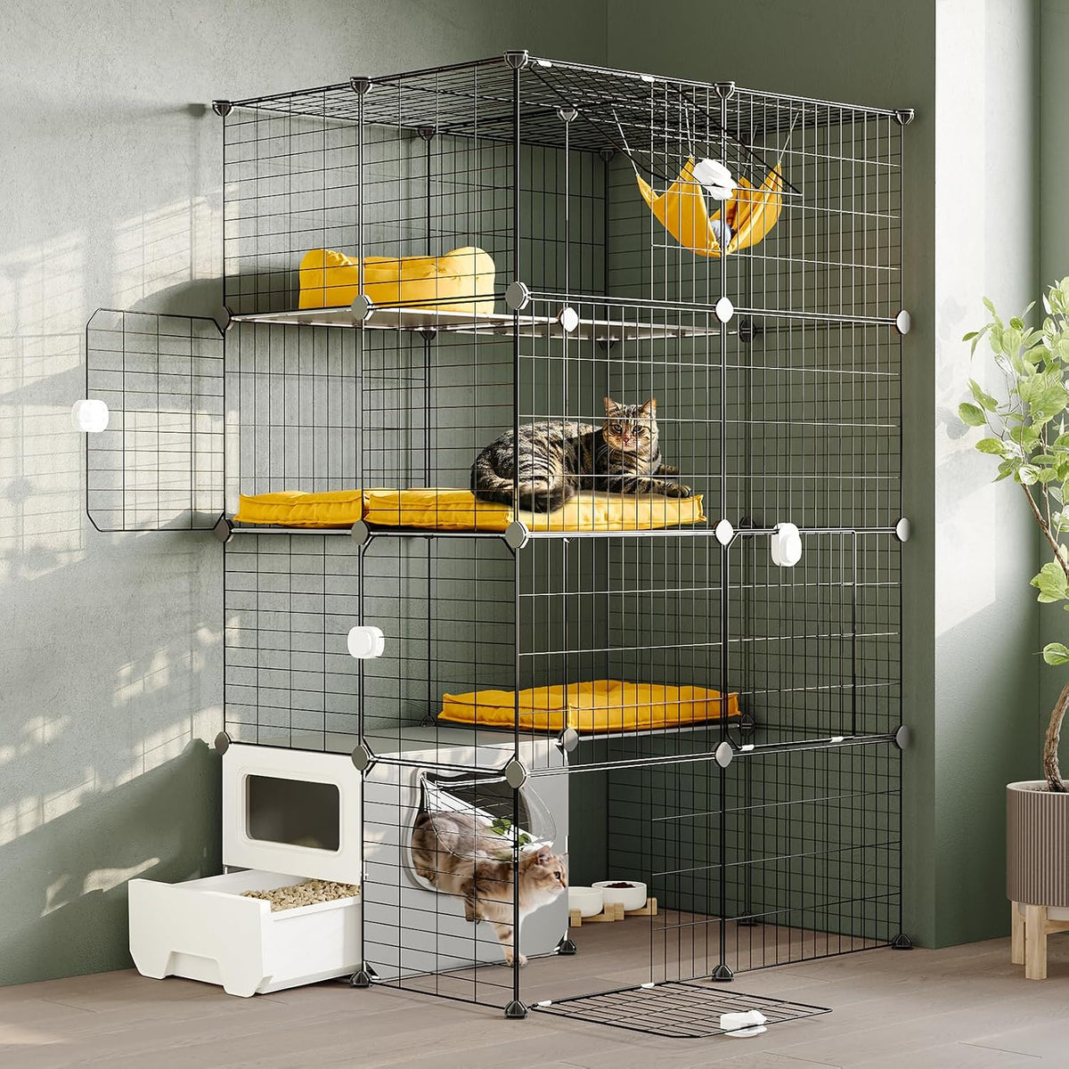 Four-tier metal wire indoor cat enclosure with litter box