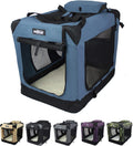 Foldable three-door soft dog crate with mesh windows and bed inside