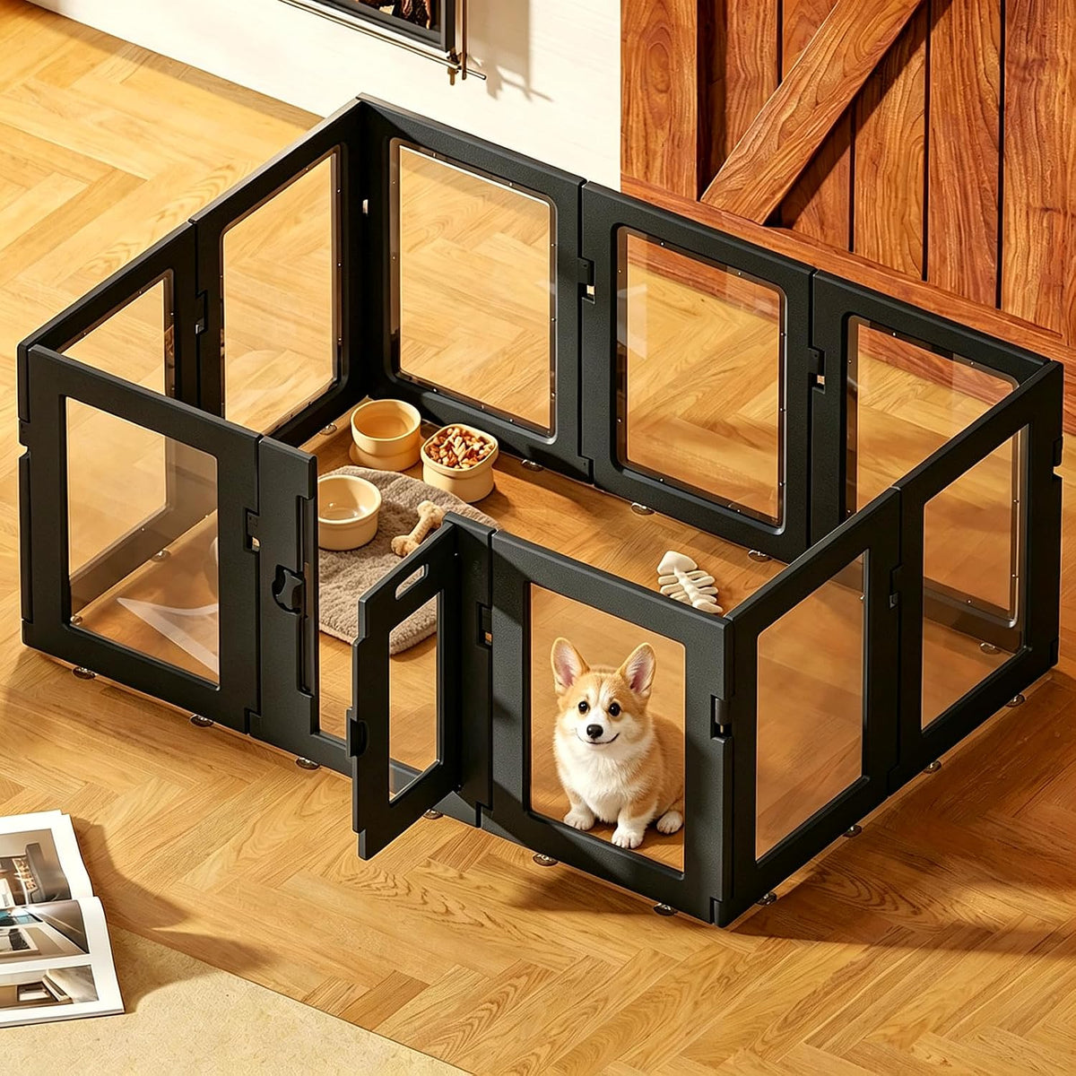 Black-framed clear acrylic 10-panel indoor dog playpen