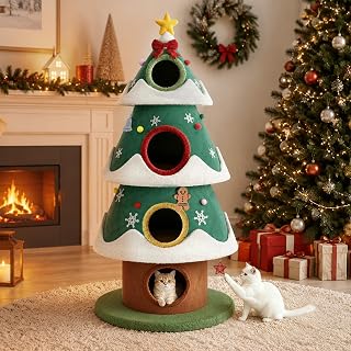 Christmas Cat Tree, Indoor Tower with 4 Enclosed Hideaways