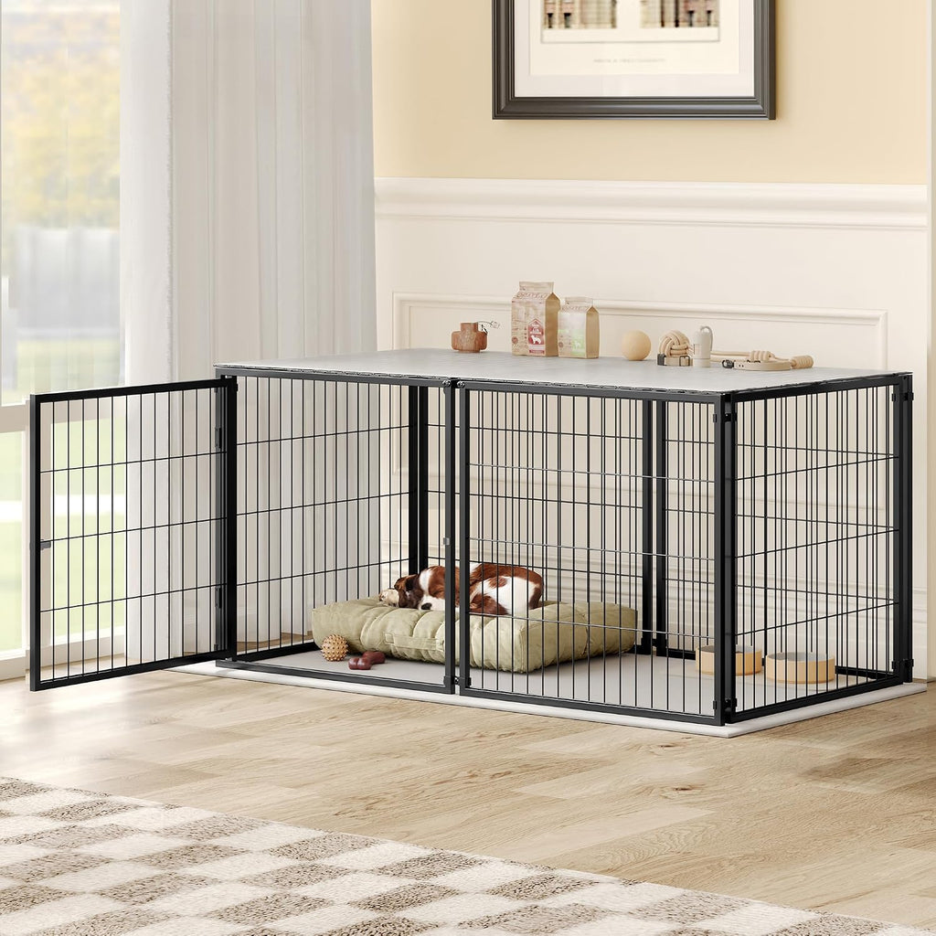 Black metal indoor dog pen kennel with top cover – view 3