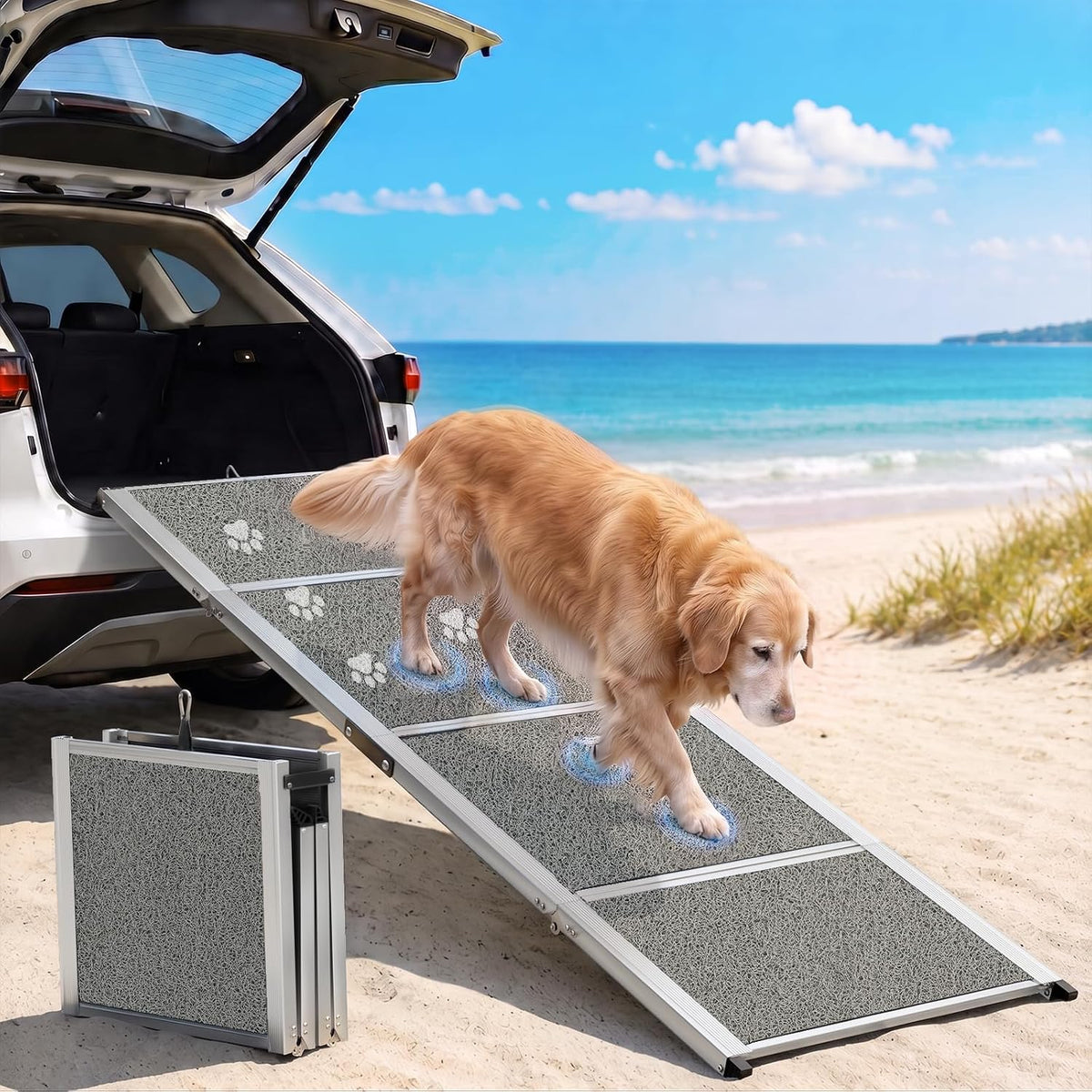 Wide four-fold aluminum dog ramp with coil surface hooked to an SUV cargo area