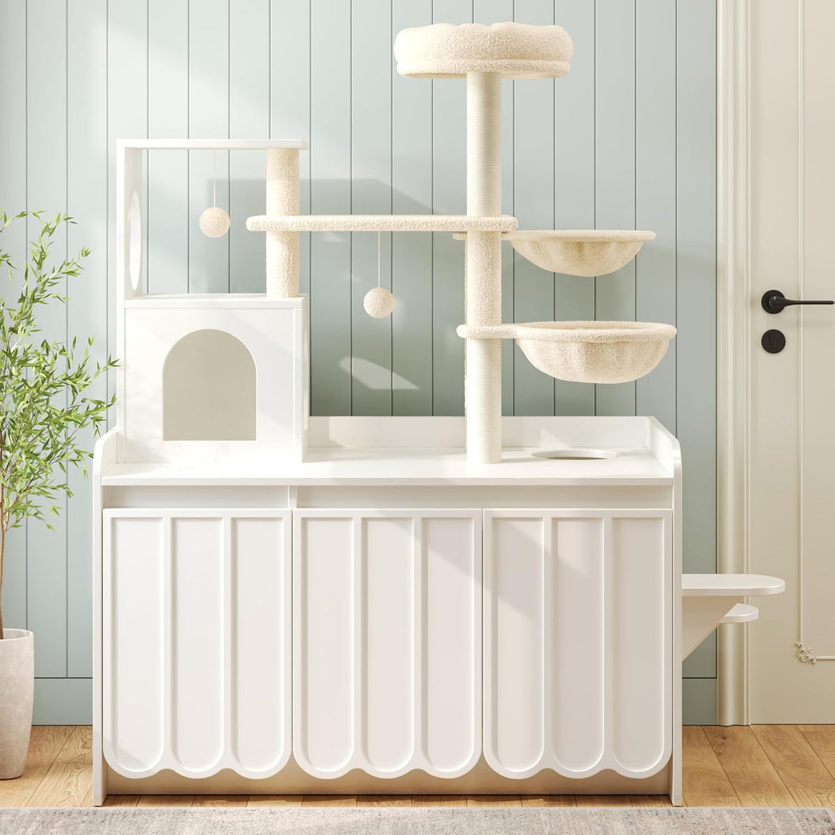 White wooden cat tower with litter box cabinet and double doors