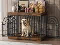 Wooden dog crate end table with arched round door and locking latches