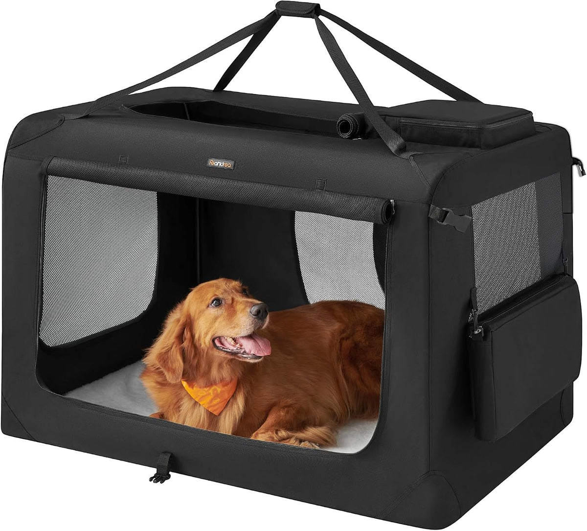 Black collapsible soft-sided dog crate with mesh windows, 48 inch size